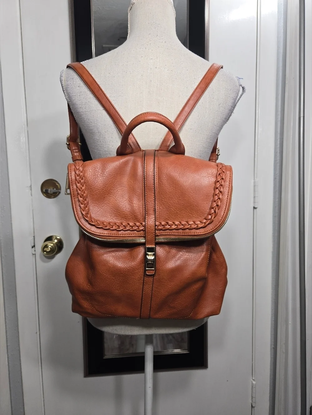 Women's Faux Leather Backpack Purse Brown Turn Lock